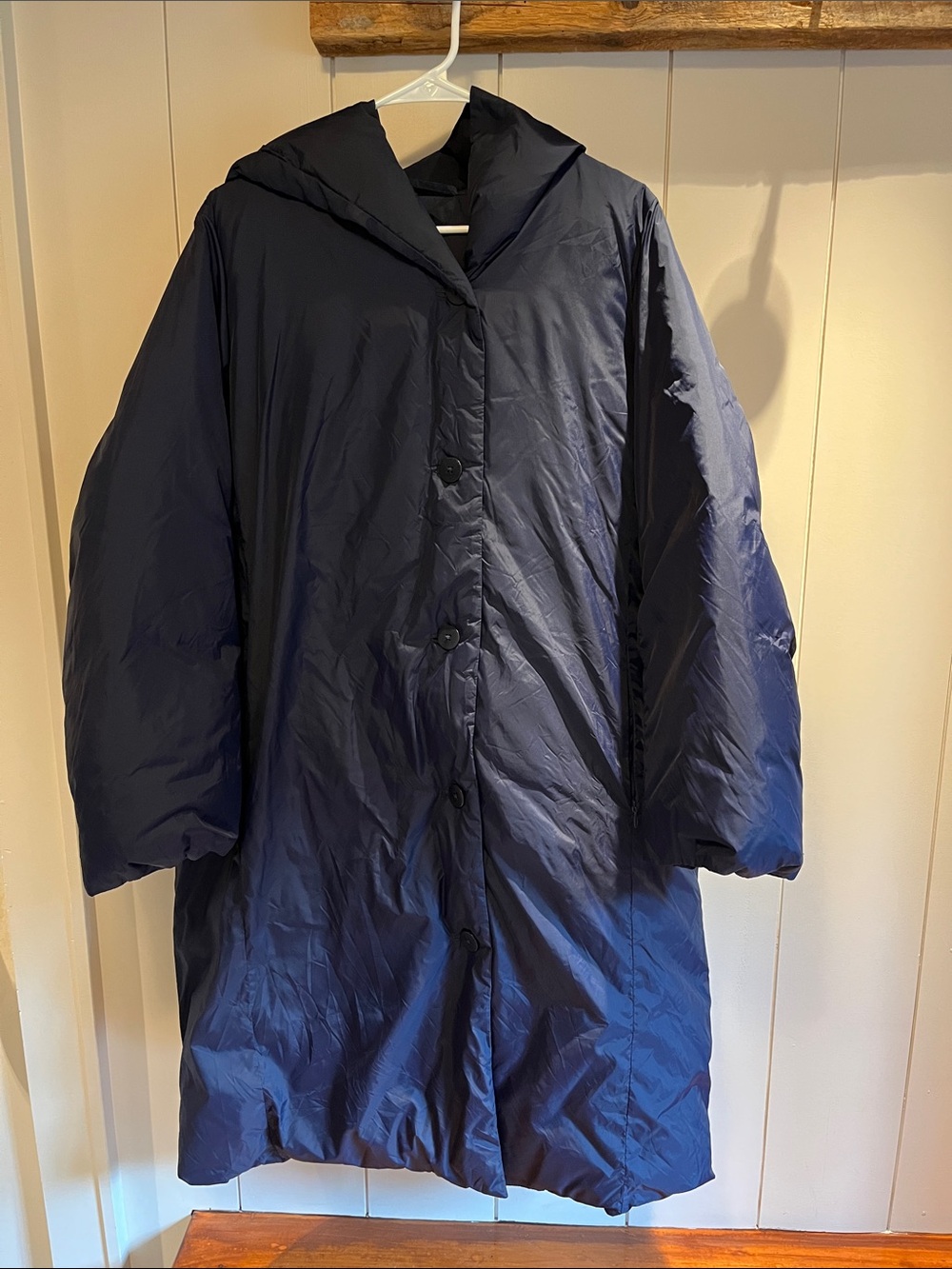 EILEEN FISHER L Blue Down Hooded Jacket Recycled Nylon Button Up Eggshell - Picture 10 of 10